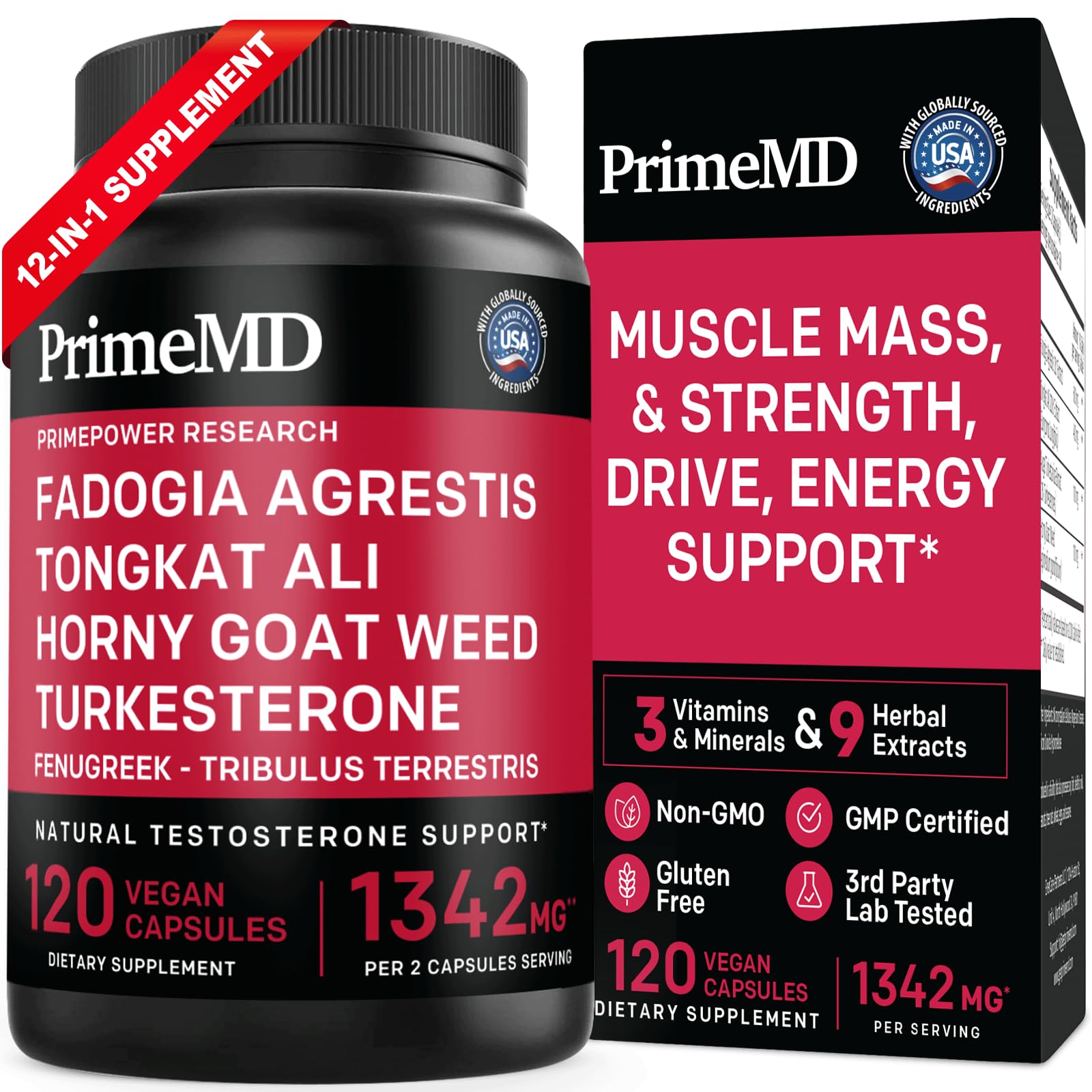 12 in 1 testosterone booster capsules men Fadogia Agrestis Tongkat Ali Turkesterone Maca Horny Goat Weed Zinc energy muscle libido support 120 vegan capsules bottle