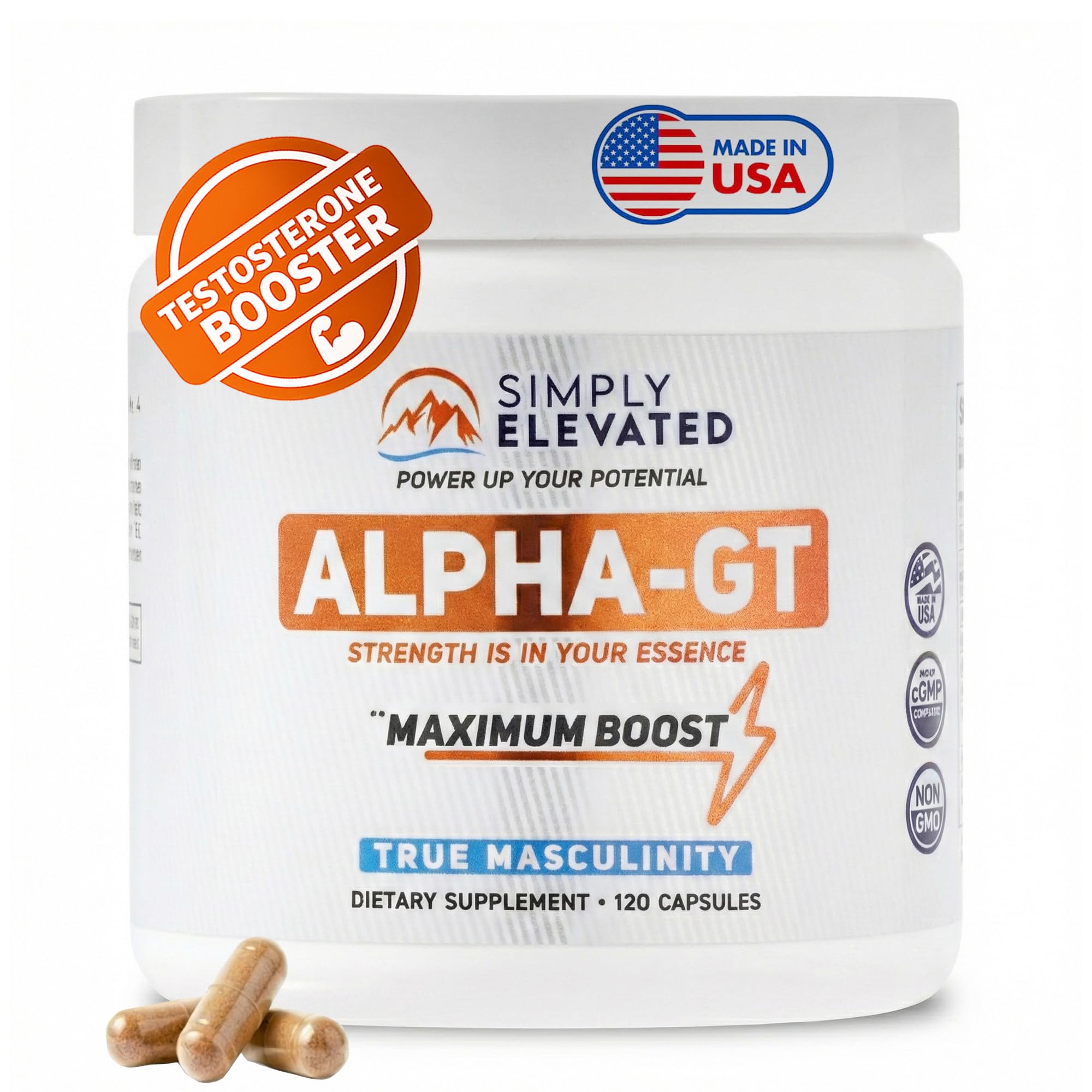 Simply Elevated Alpha-GT testosterone booster capsules men Ashwagandha Tongkat Ali Tribulus Fenugreek energy drive confidence support 2500mg bottle