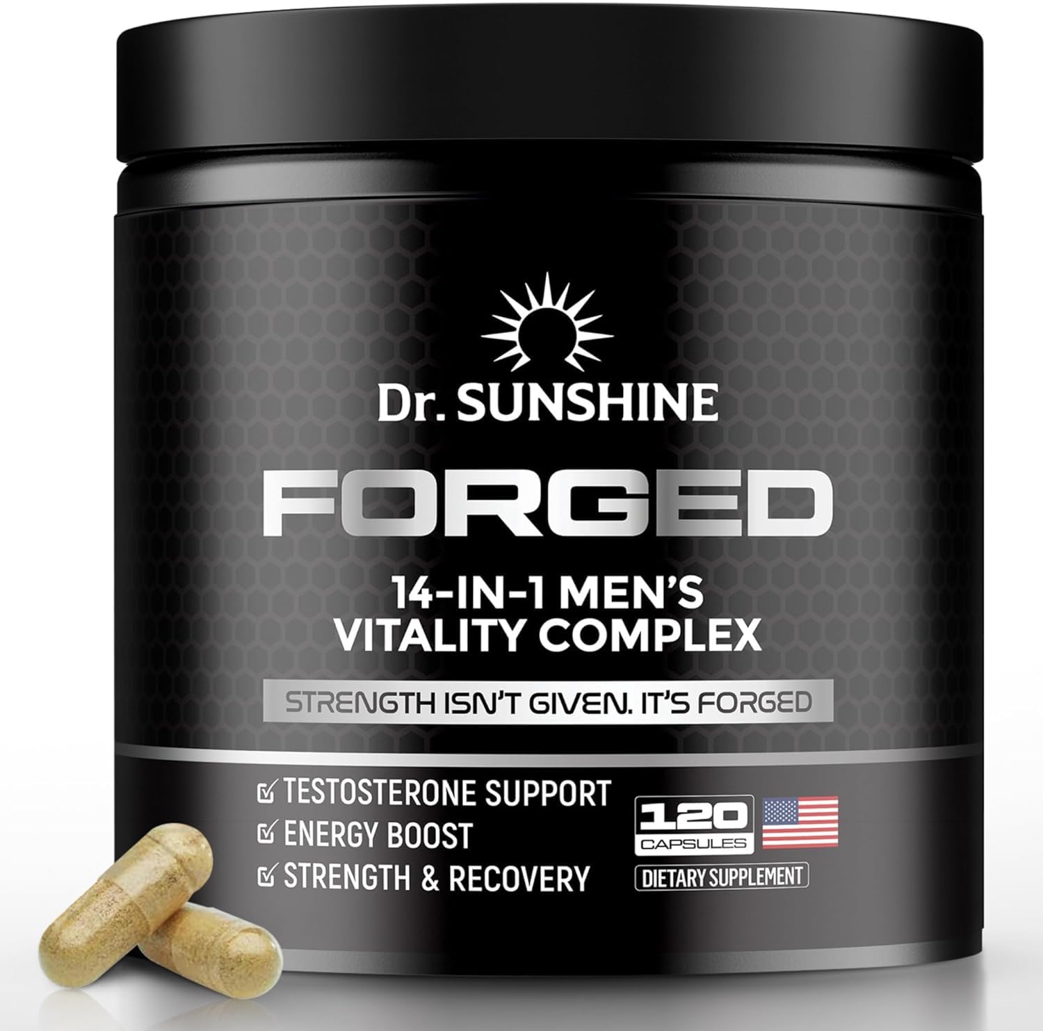 DR SUNSHINE Forged testosterone booster capsules men Shilajit Ashwagandha Tongkat Ali muscle strength energy performance 120 capsules bottle