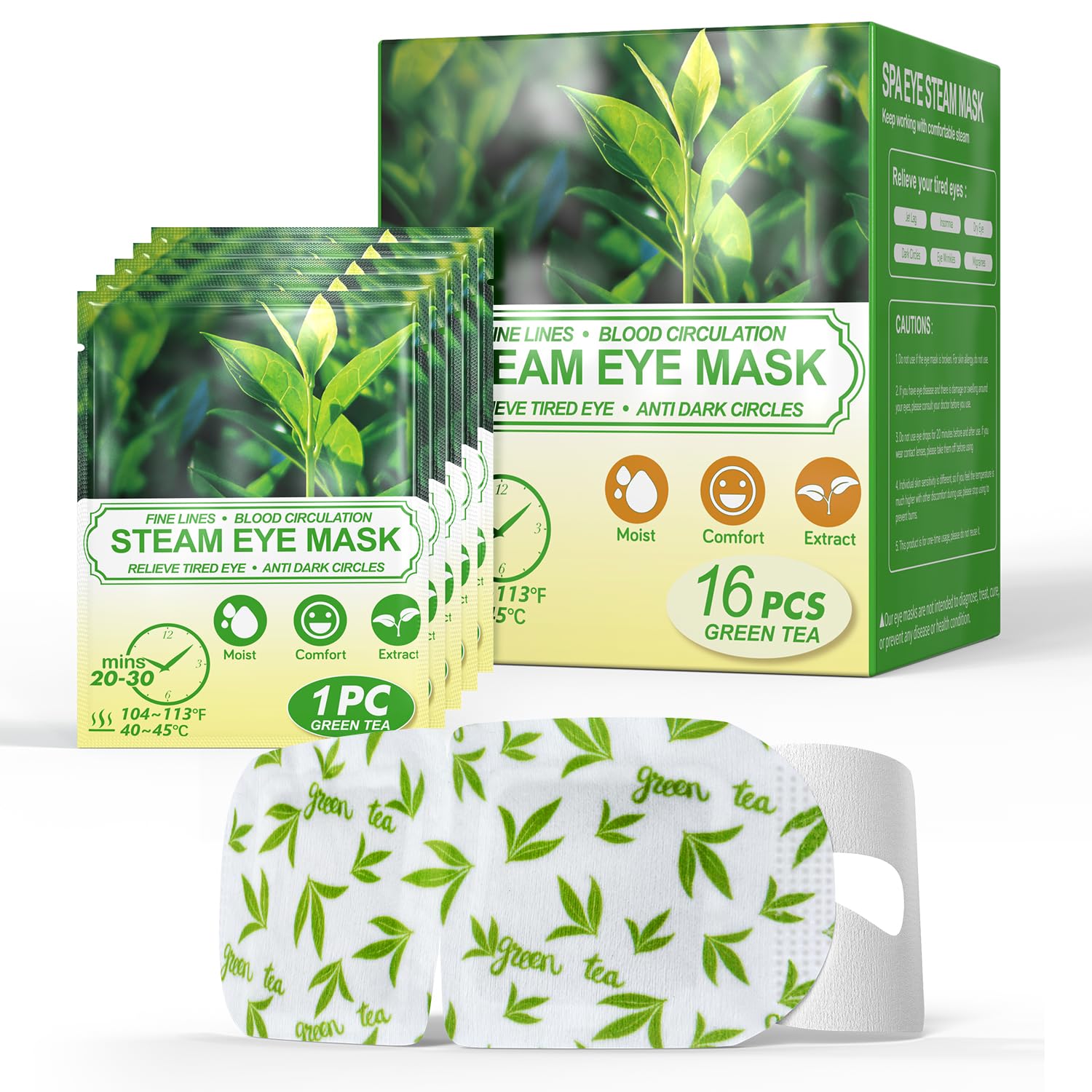 Green Tea scented steam eye masks - 16 packs of self-heating disposable eye patches for detoxifying and depuffing.