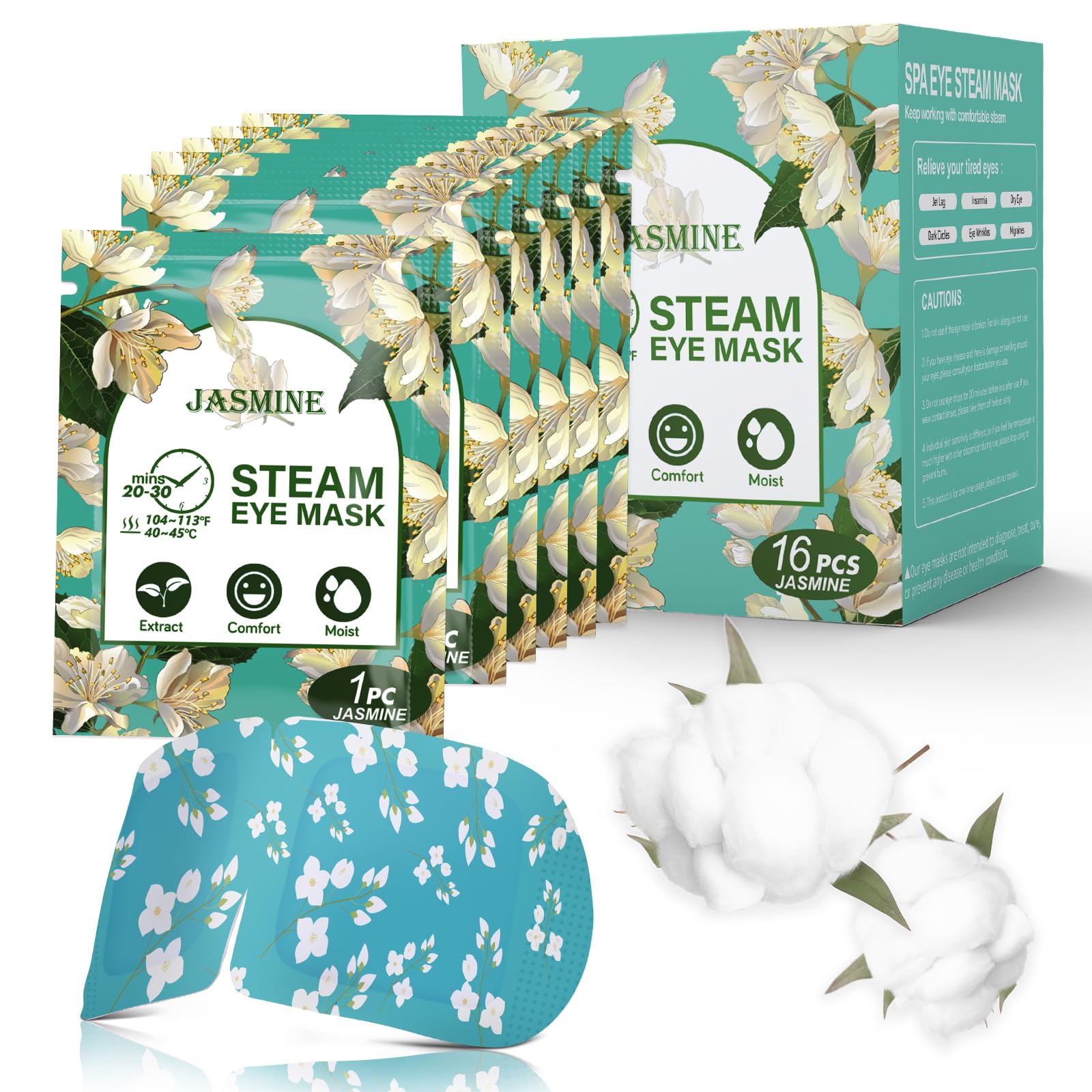 Individual sachets of Jasmine-scented steam eye masks – 16 pieces of disposable self-heating eye patches for fatigue relief.