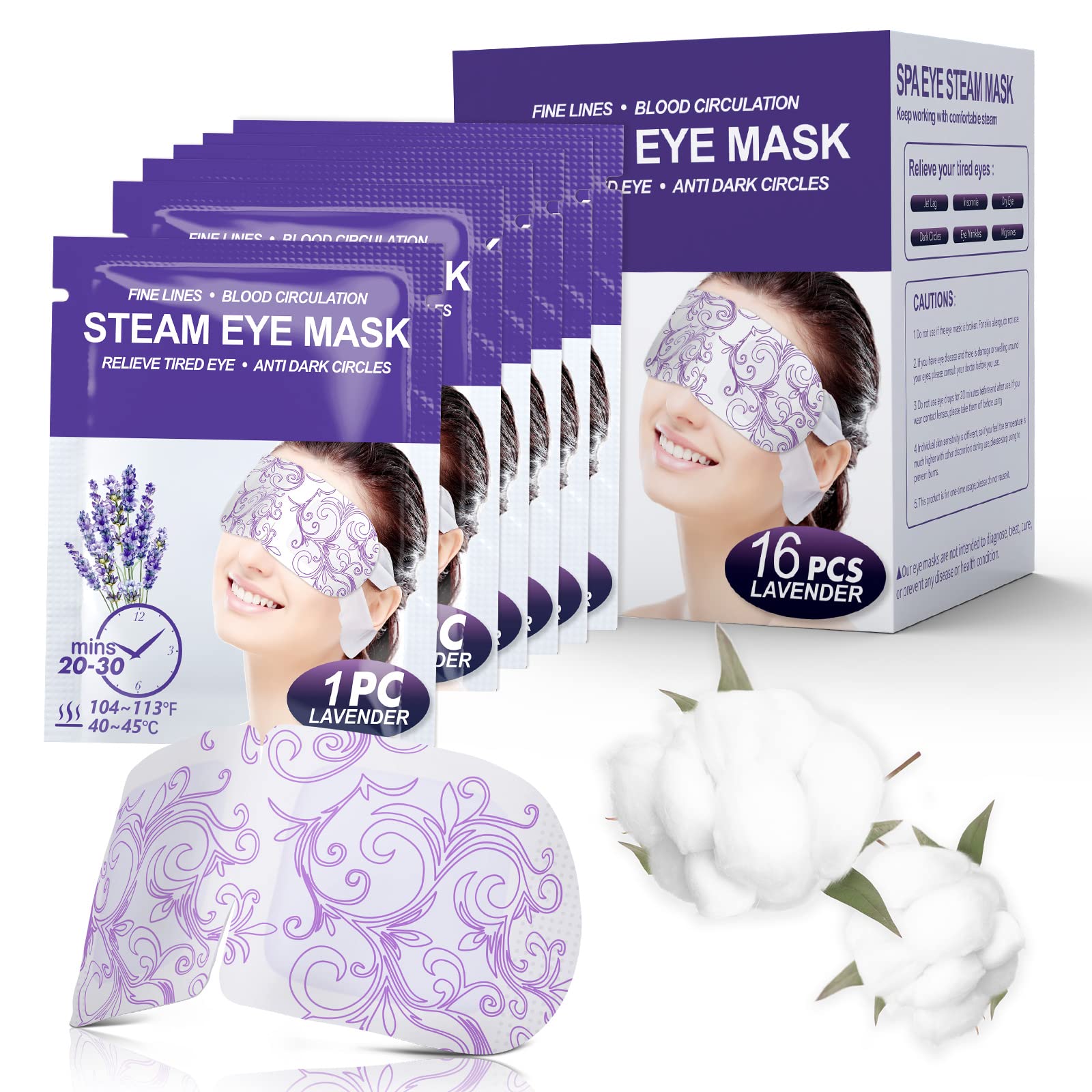 Individual sachets of Lavender-scented steam eye masks – 16 packs of self-heating masks for relaxing sleep and dry eye relief.