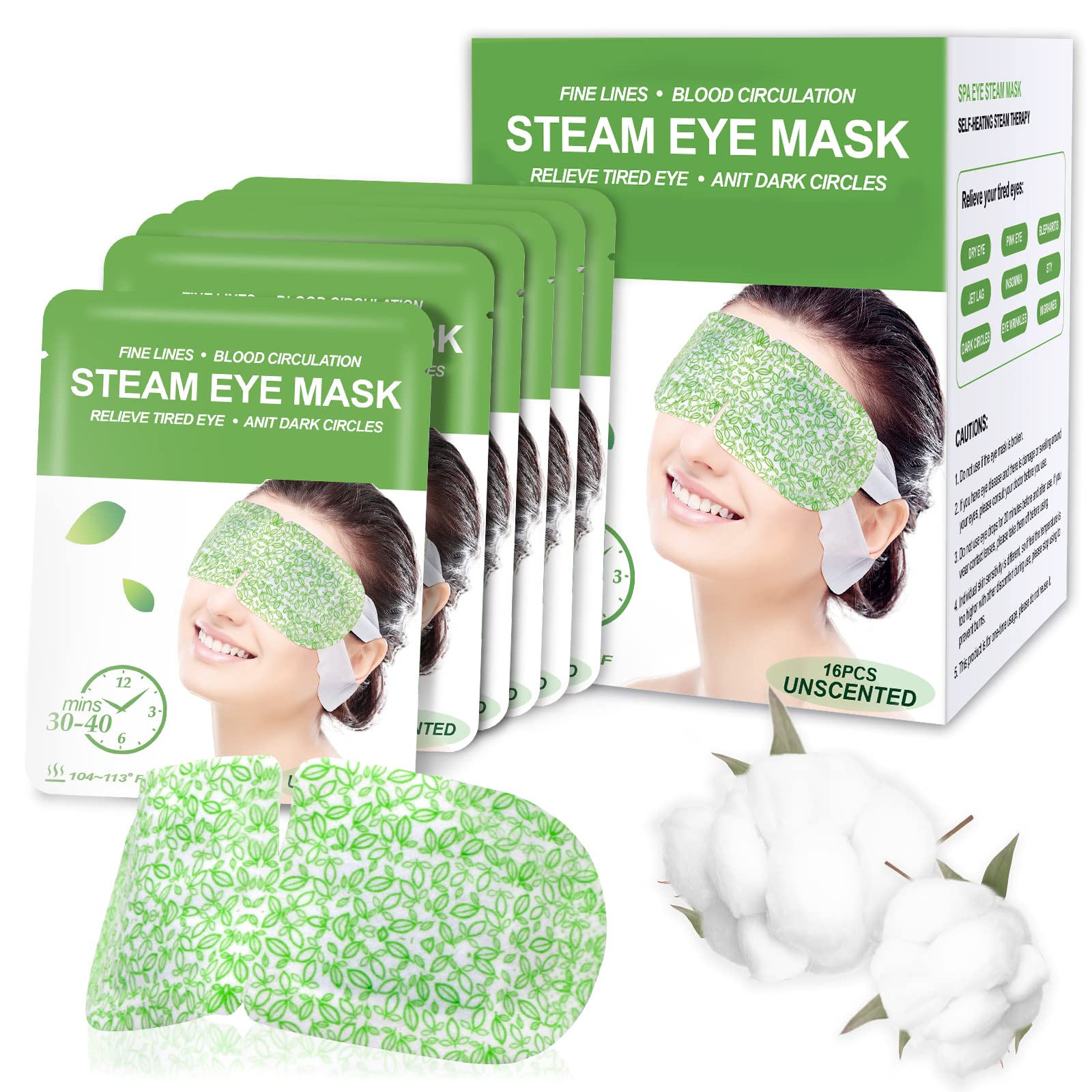 Pack of 16 unscented self-heating steam eye masks – individual gold and white sachets for eye relaxation and dry eye relief.