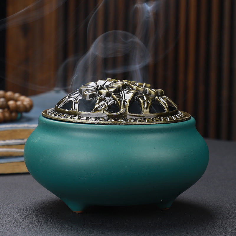Copper Lid Ceramic Incense Burner Buddha Style Antique Alloy Wire Holder