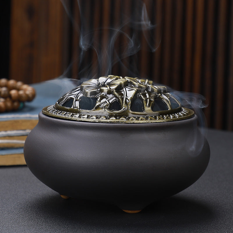 Copper Lid Ceramic Incense Burner Buddha Style Antique Alloy Wire Holder