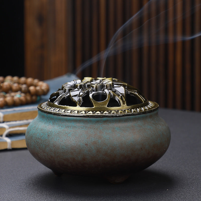Copper Lid Ceramic Incense Burner Buddha Style Antique Alloy Wire Holder