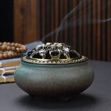 Copper Lid Ceramic Incense Burner Buddha Style Antique Alloy Wire Holder