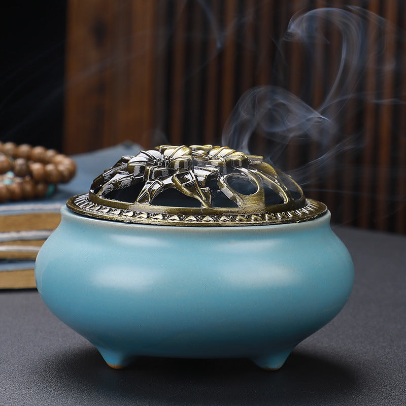 Copper Lid Ceramic Incense Burner Buddha Style Antique Alloy Wire Holder