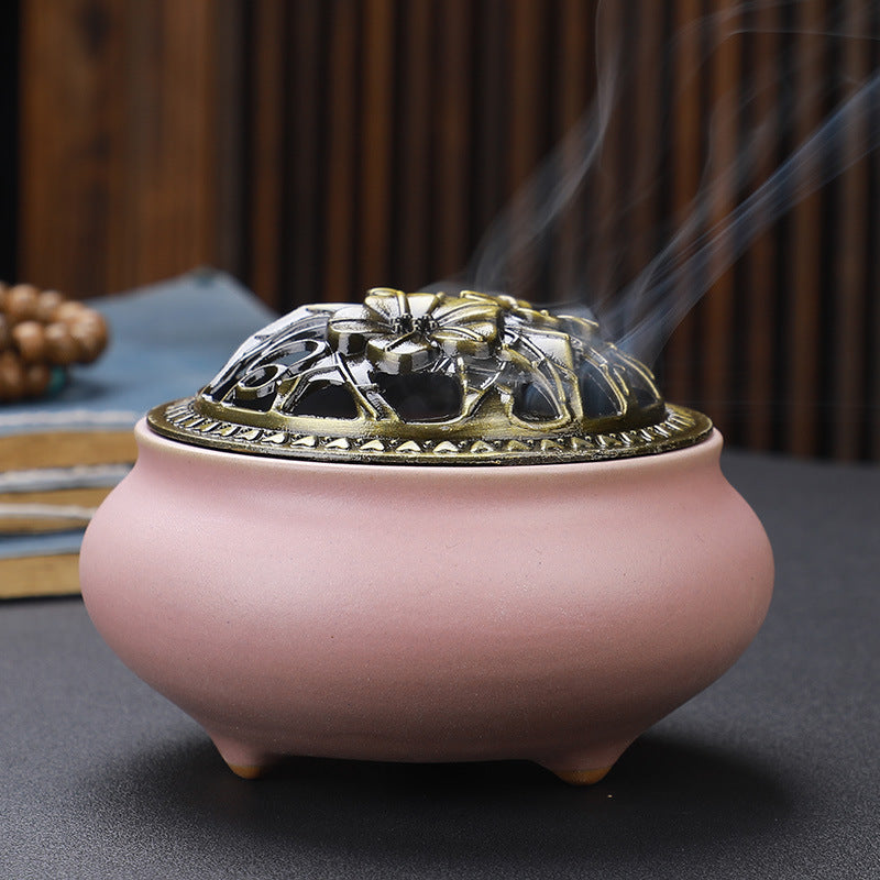 Copper Lid Ceramic Incense Burner Buddha Style Antique Alloy Wire Holder