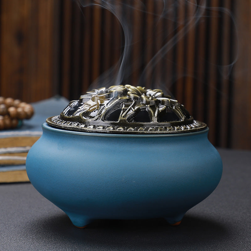 Copper Lid Ceramic Incense Burner Buddha Style Antique Alloy Wire Holder