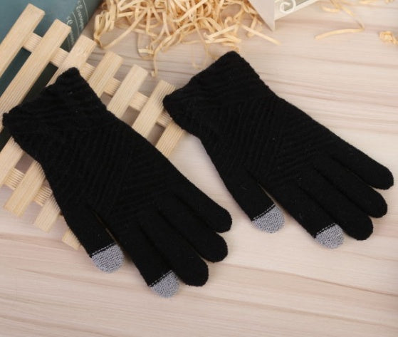 Women Winter Knit Touchscreen Gloves Warm Full Finger Striped Mittens
