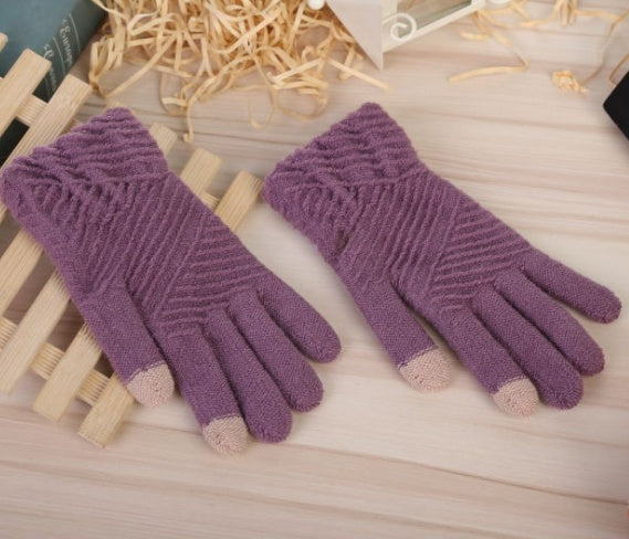 Women Winter Knit Touchscreen Gloves Warm Full Finger Striped Mittens