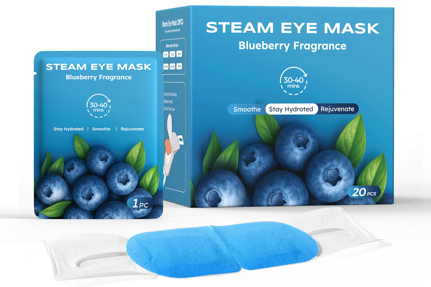 20-pack of Blueberry-scented steam eye masks in vibrant purple packaging – a relaxing heated eye treatment for spa gifts and party favors.