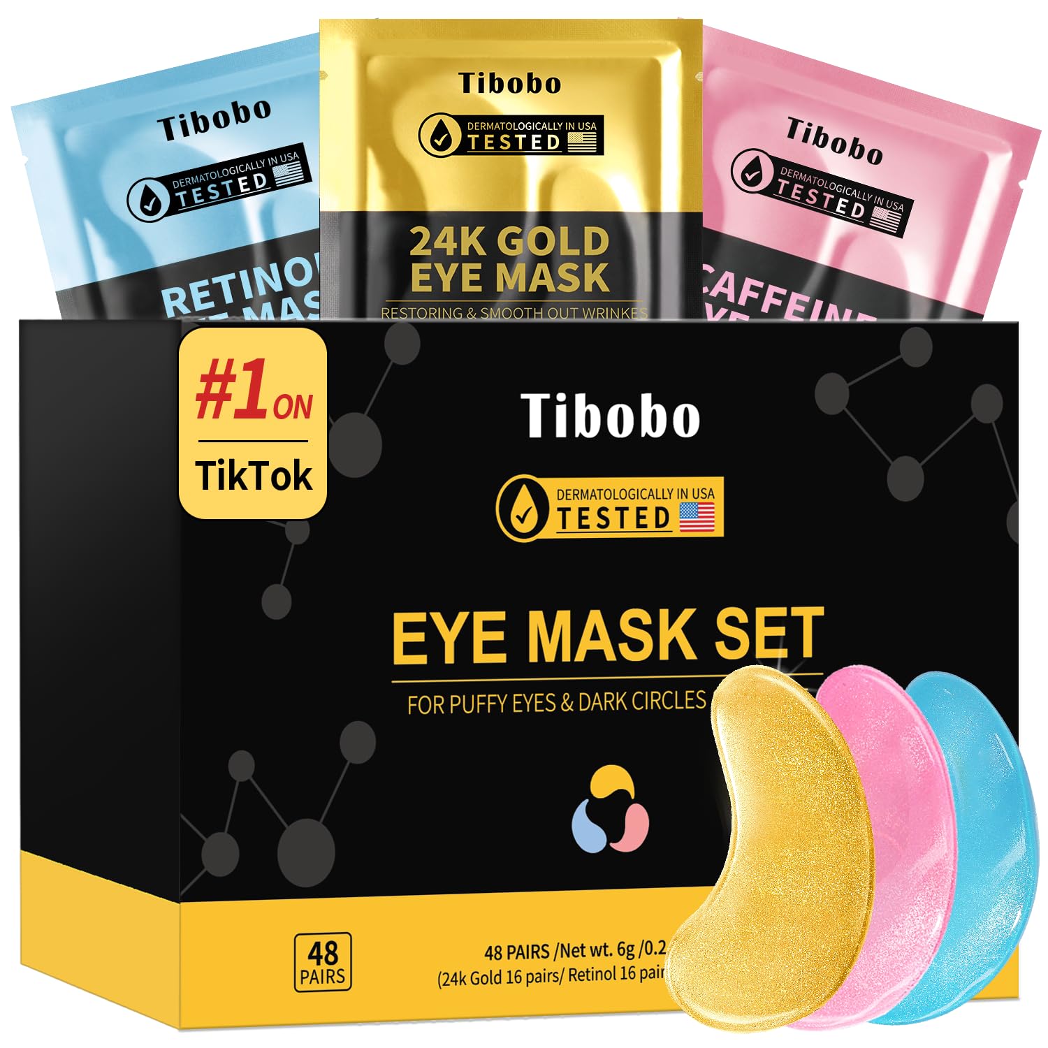 Pack of 48 pairs of gold under-eye patches with caffeine and retinol for anti-aging and de-puffing.