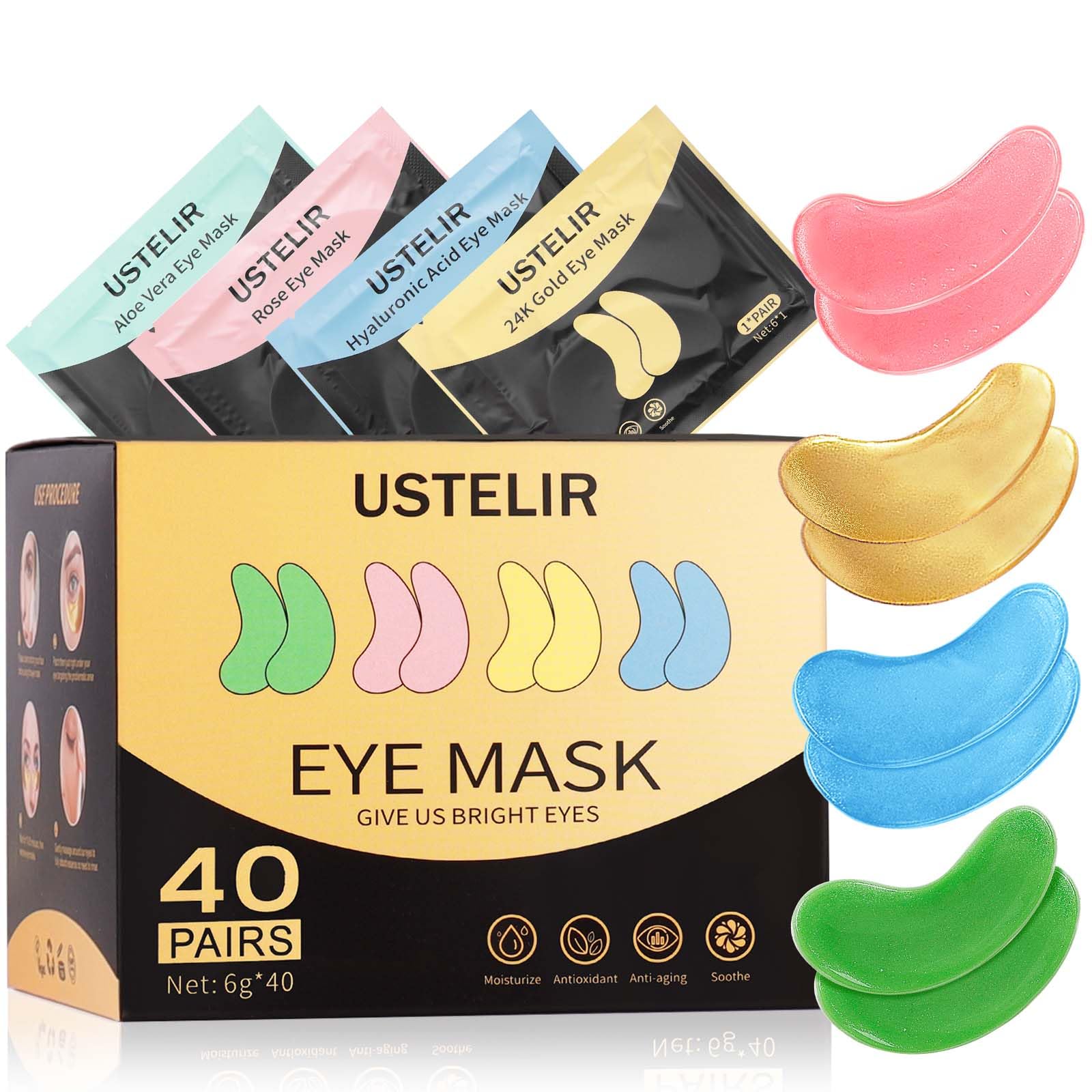 40 Pairs of 24K Gold, Rose, and Aloe Vera Under Eye Patches for Intense Hydration and Anti-Aging