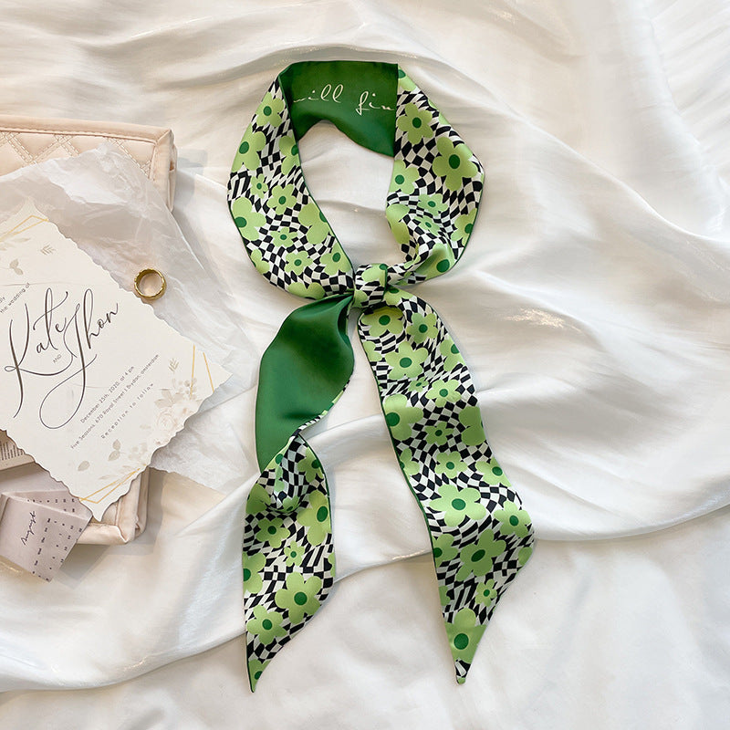 Women Long Ribbon Scarf Hair Tie Floral Print Skinny Scarf Headband