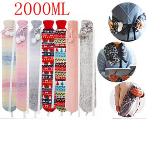Colorful hot water bottle covers with patterns and a 2000ML label, shown with people wearing them.