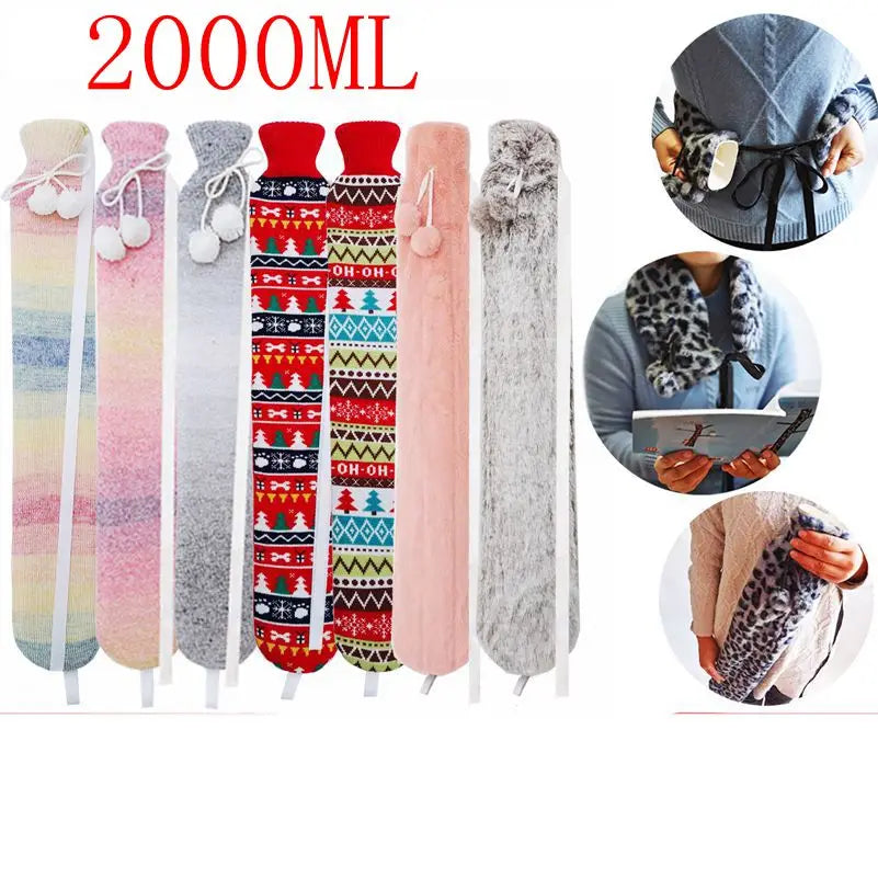 Colorful hot water bottle covers with patterns and a 2000ML label, shown with people wearing them.