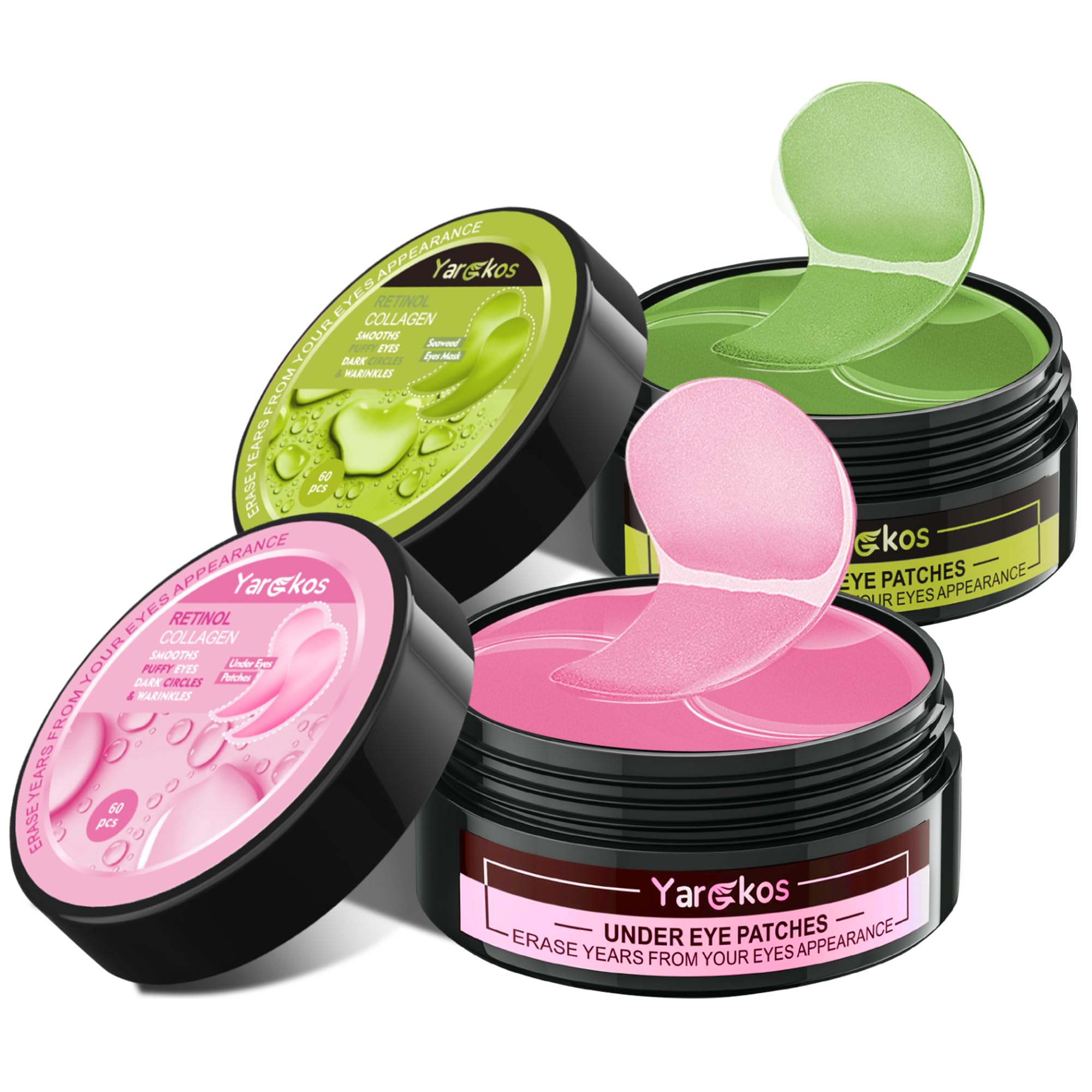 A 2-pack set of Green Tea and Pink Rose collagen under-eye patches (60 pieces total) for comprehensive eye rejuvenation.