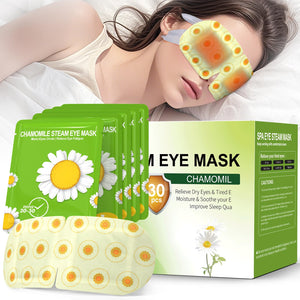 Box of 30 disposable Chamomile Steam Eye Masks for self-heating warm compress and relaxing sleep.
