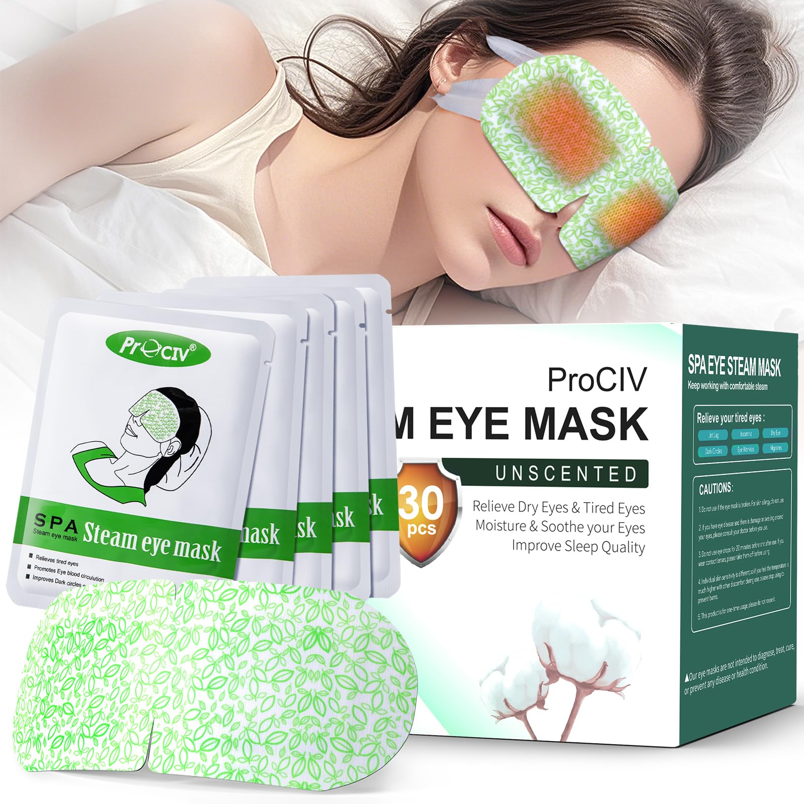 Box of 30 disposable self-heating steam eye masks for dry eyes and relaxing warm compress treatment.