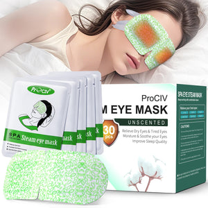 Box of 30 disposable self-heating steam eye masks for dry eyes and relaxing warm compress treatment.