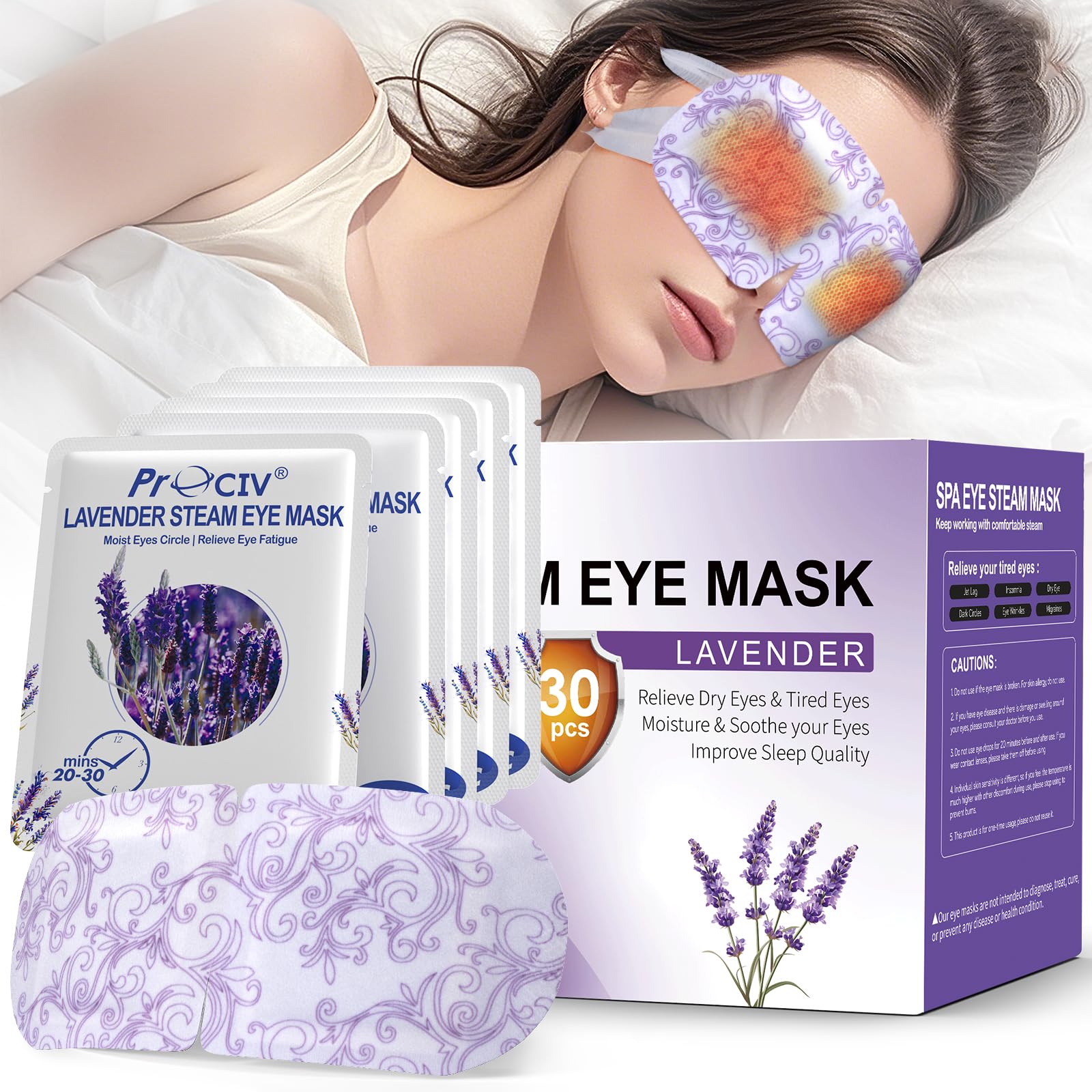 Box of 30 disposable Lavender Steam Eye Masks for self-heating warm compress and relaxing sleep.