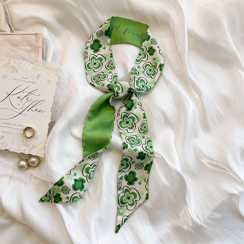 Women Long Ribbon Scarf Hair Tie Floral Print Skinny Scarf Headband
