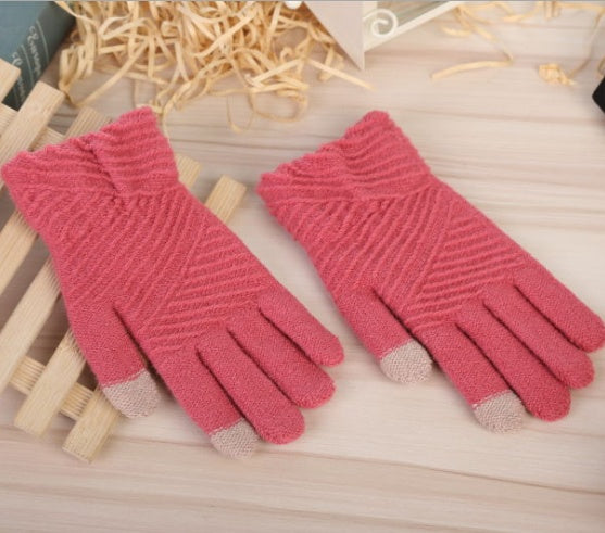 Women Winter Knit Touchscreen Gloves Warm Full Finger Striped Mittens