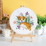 Dog Floral Embroidery Kit DIY Cotton Fabric Needlework Beginner Craft Set