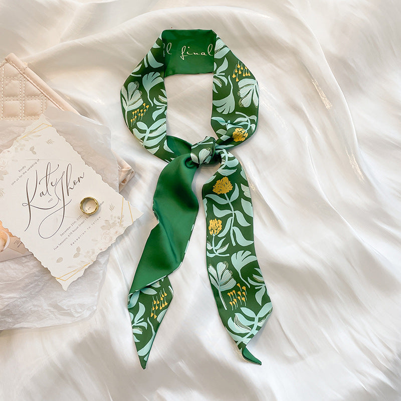 Women Long Ribbon Scarf Hair Tie Floral Print Skinny Scarf Headband