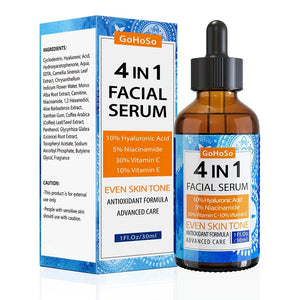 4-in-1 facial serum bottle and packaging with GoHoSo branding on a white background