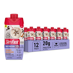SlimFast Protein Shake with Caffeine, Caramel Macchiato- 20g Protein, Meal Replacement 