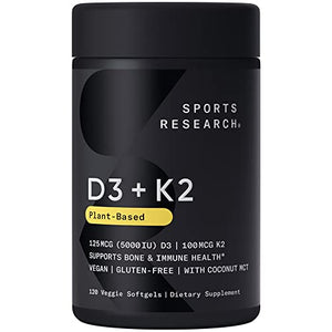 Sports Research Vitamin D3 + K2 with 5000iu of Plant-Based D3 & 100mcg of Vitamin 