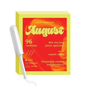 August Organic Cotton Tampons, Light tampons, BPA Free Long Applicators, Non-Toxic Organic tampons