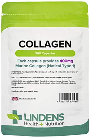 Lindens Collagen (Marine) 400mg Capsules 360 Pack - UK Manufacturer, Letterbox Friendly