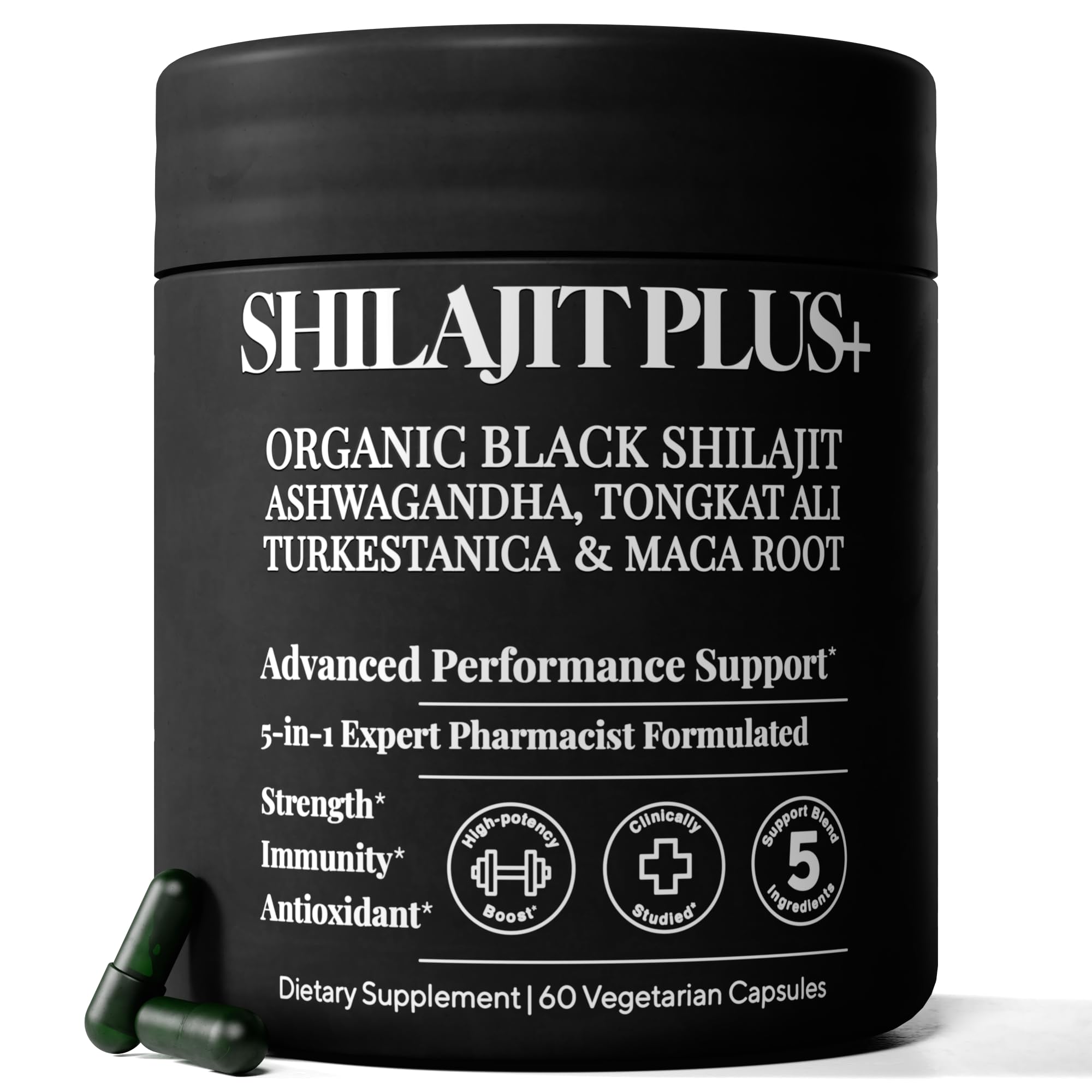 5 in 1 Himalayan Shilajit capsules men women Ashwagandha Tongkat Ali Maca Turkesterone energy testosterone vitality support vegan 60 capsules bottle