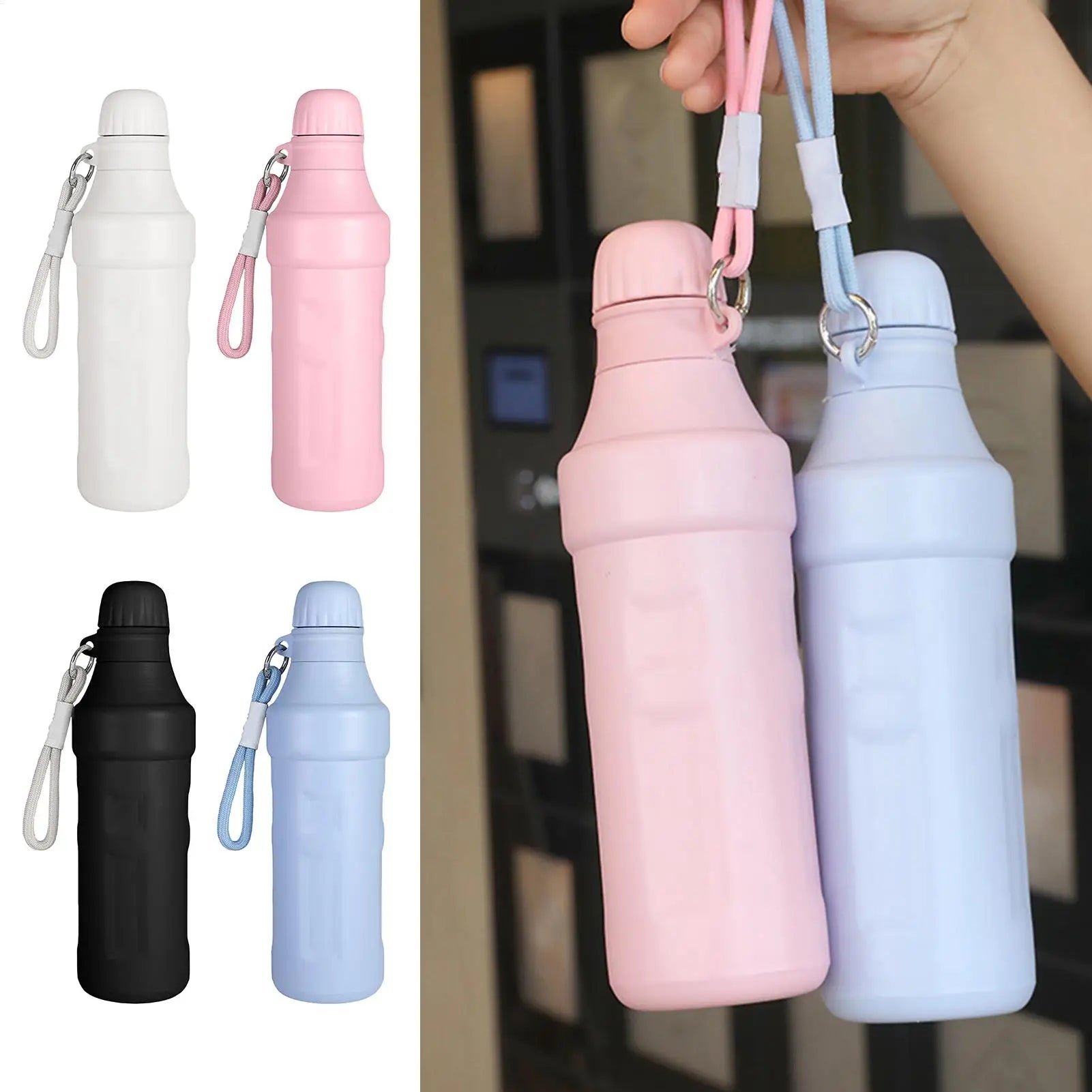 Set of colorful water bottles with lanyards on a white background