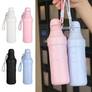 Set of colorful water bottles with lanyards on a white background