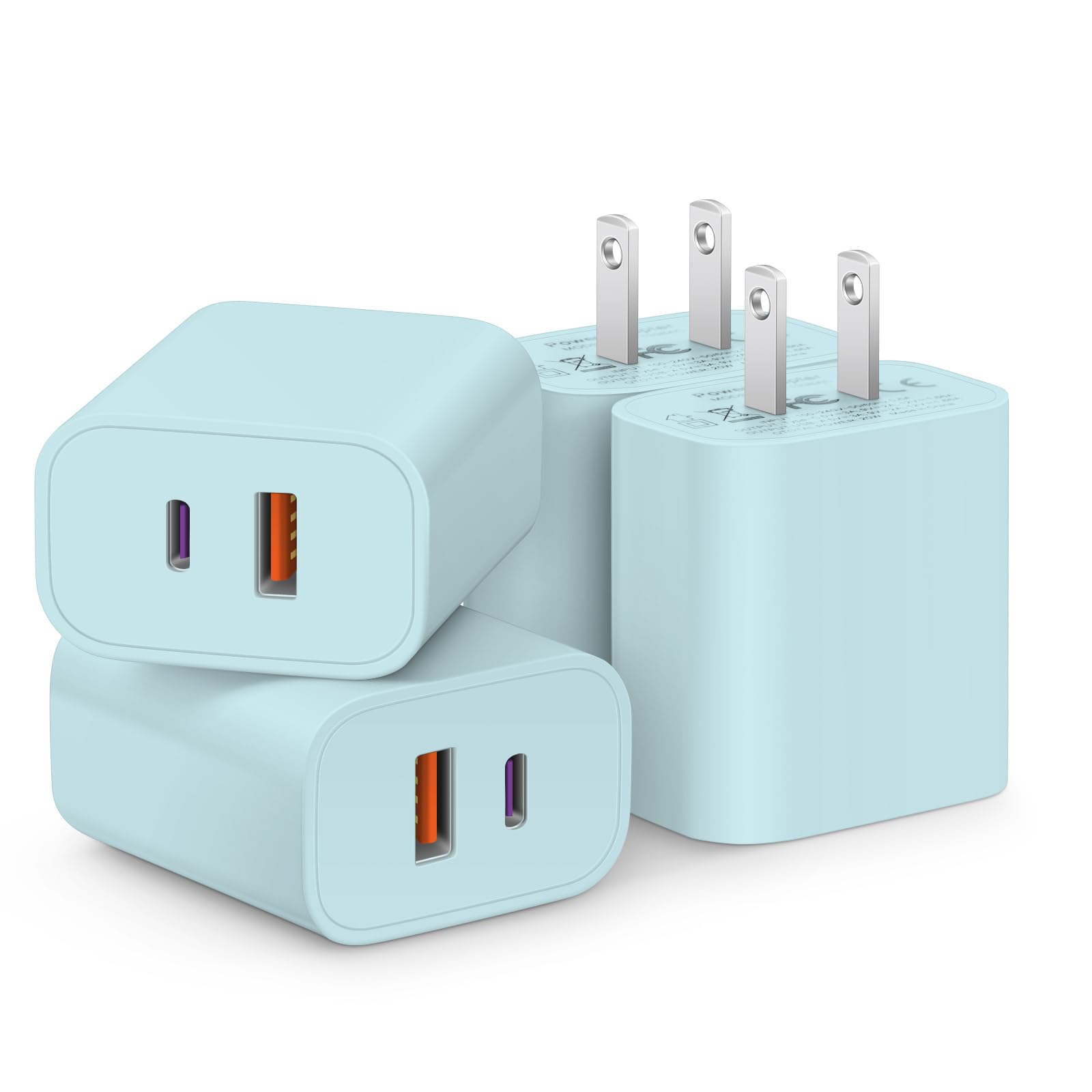 [4 Pack] USB C Charger Block Fast Charging Multiport Adpater [PD 20W USB-C & QC 3.0 USB-A Port] for iPhone 17/16/15/14/13/12/11/X/8, iPad, Galaxy, Google & More [Blue]