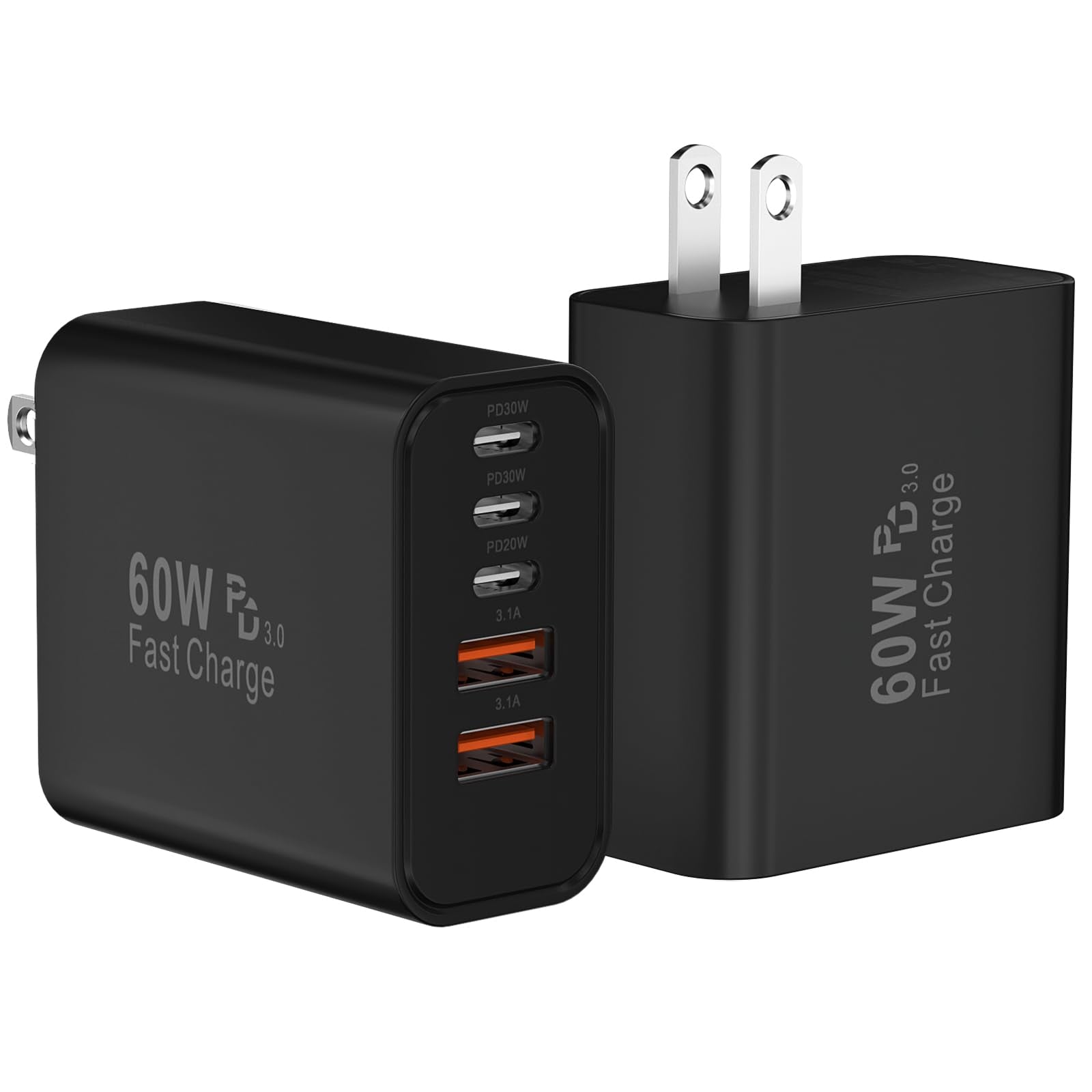 USB C Fast Wall Charger Block, 2Pack 60W USBC Charging Cubes, 5-Port PD+QC Power Adapter Multiport Brick Type C Box Plug for Phone 17/16/15/14/13/12/11/Pro Max/Plus, Pad Mini/Pro/S25/S24-Black