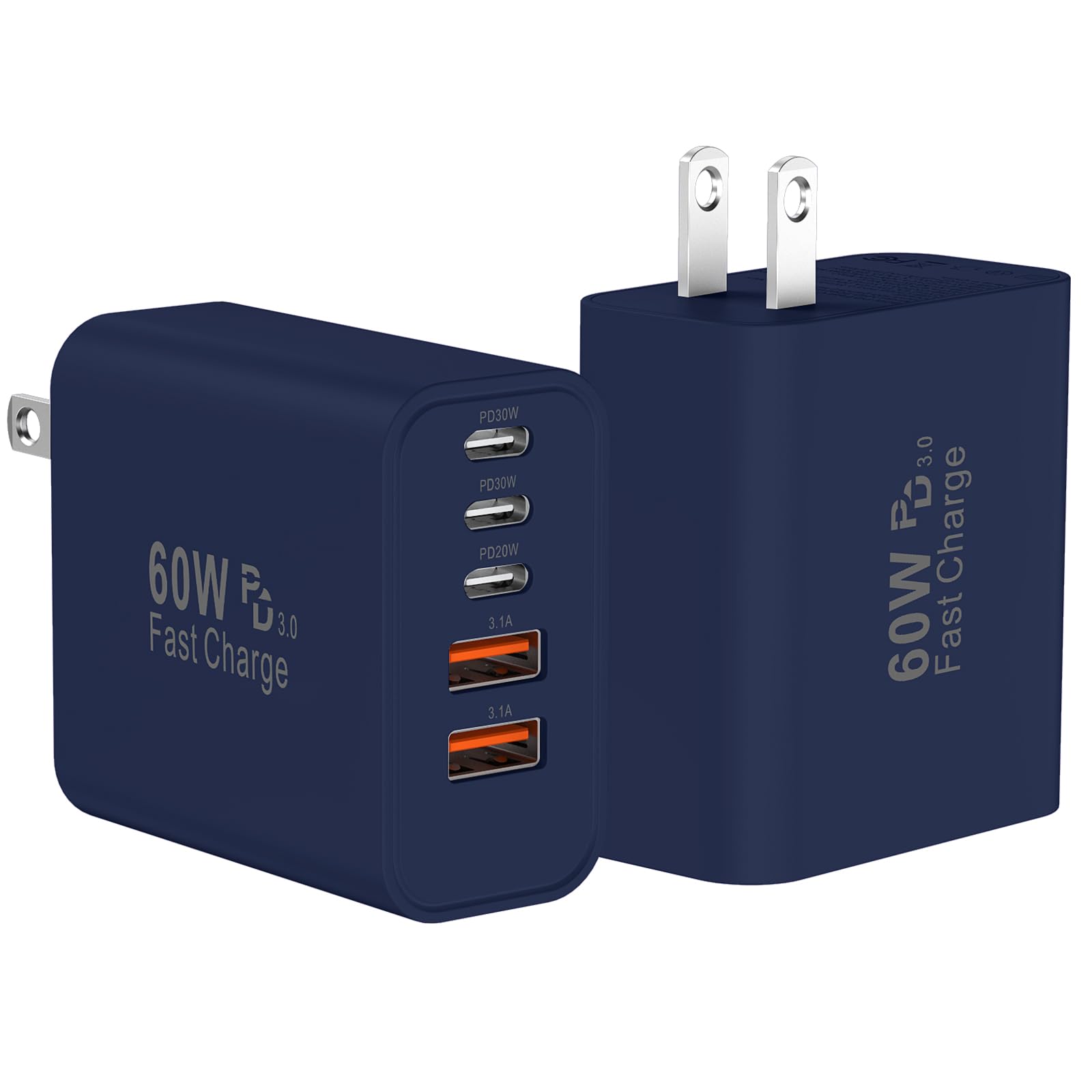 USB C Fast Wall Charger Block, 2Pack 60W USBC Charging Cubes, 5-Port PD+QC Power Adapter Multiport Brick Type C Box Plug for Phone 17/16/15/14/13/12/11/Pro Max/Plus, Pad Mini/Pro/S25/S24-Deep Blue