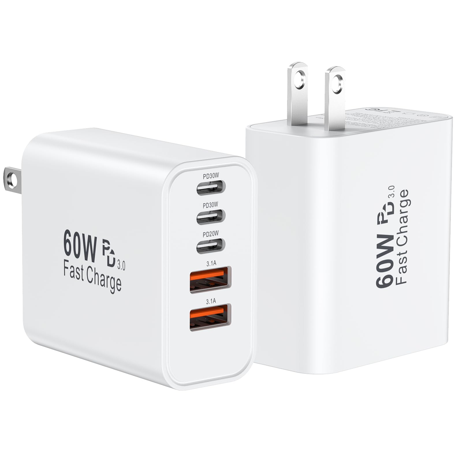 USB C Fast Charger Block, 60W USBC Wall Charger Plug, 2Pack 5-Port Type C Phone Charging Cubes Power Adapter Multiport Brick for iPhone 17/16/15/14/13/12/11/Pro Max/Plus/Air, iPad mini/Pro,Galaxy S25