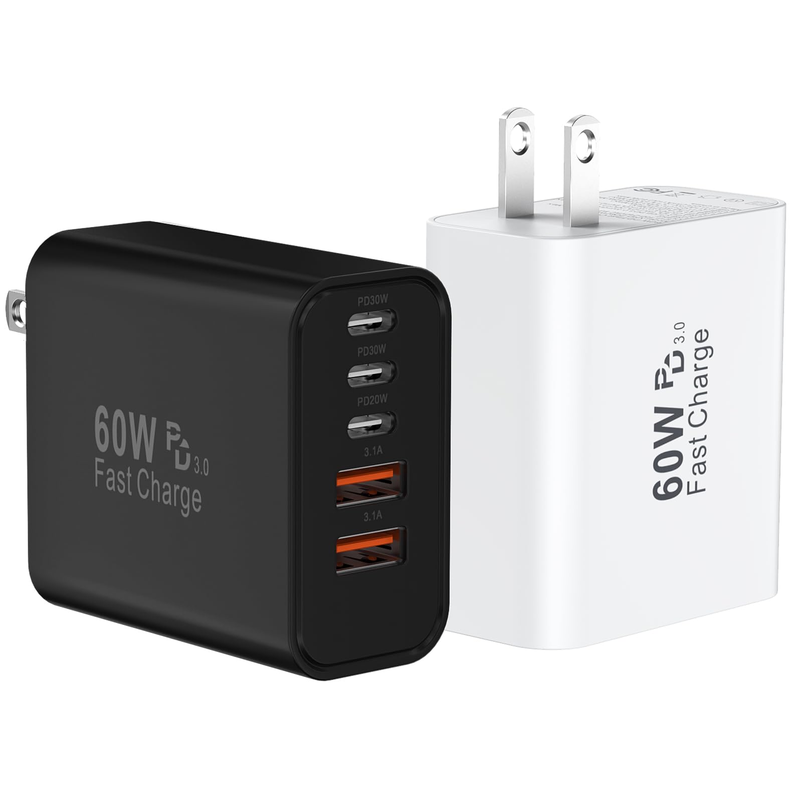 USB C Fast Wall Charger Block, 2Pack 60W USBC Charging Cubes, 5-Port PD+QC Power Adapter Multiport Brick Type C Box Plug for Phone 16/15/14/13/12/11/Pro Max/Plus, Pad Mini/Pro/S25/S24-White+Black