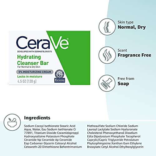 CeraVe Hydrating Cleanser Bar 4.5 oz Soap-Free Face & Body Cleanser