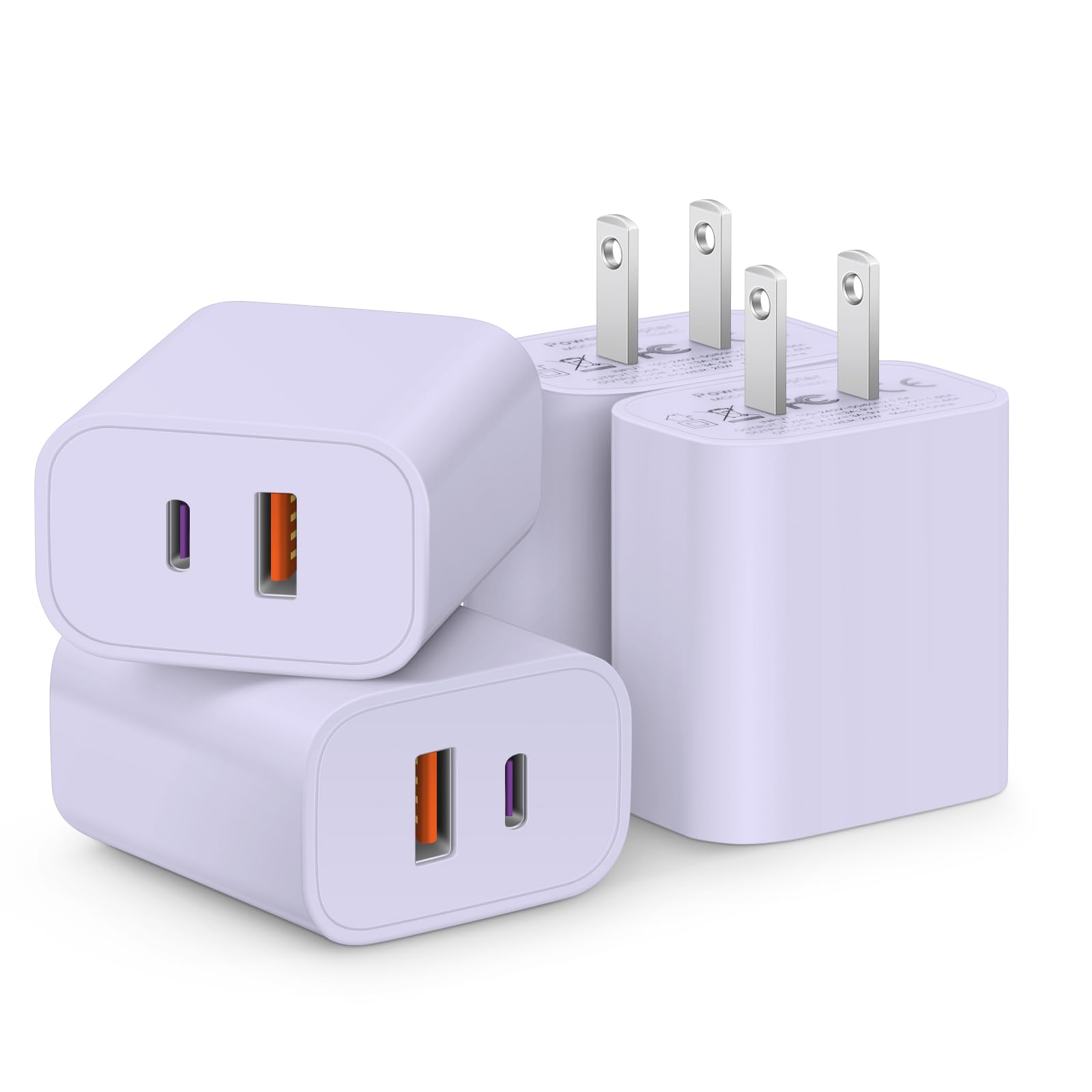 [4 Pack] USB C Charger Block Fast Charging Multiport Adpater [PD 20W USB-C & QC 3.0 USB-A Port] for iPhone 17/16/15/14/13/12/11/X/8, iPad, Galaxy, Google & More [Purple]