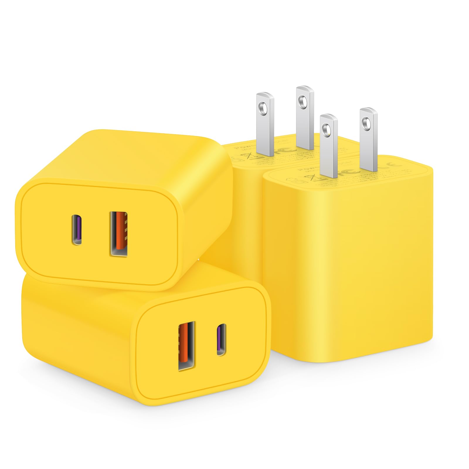 [4 Pack] USB C Charger Block Fast Charging Multiport Adpater [PD 20W USB-C & QC 3.0 USB-A Port] for iPhone 17/16/15/14/13/12/11/X/8, iPad, Galaxy, Google & More [Yellow]