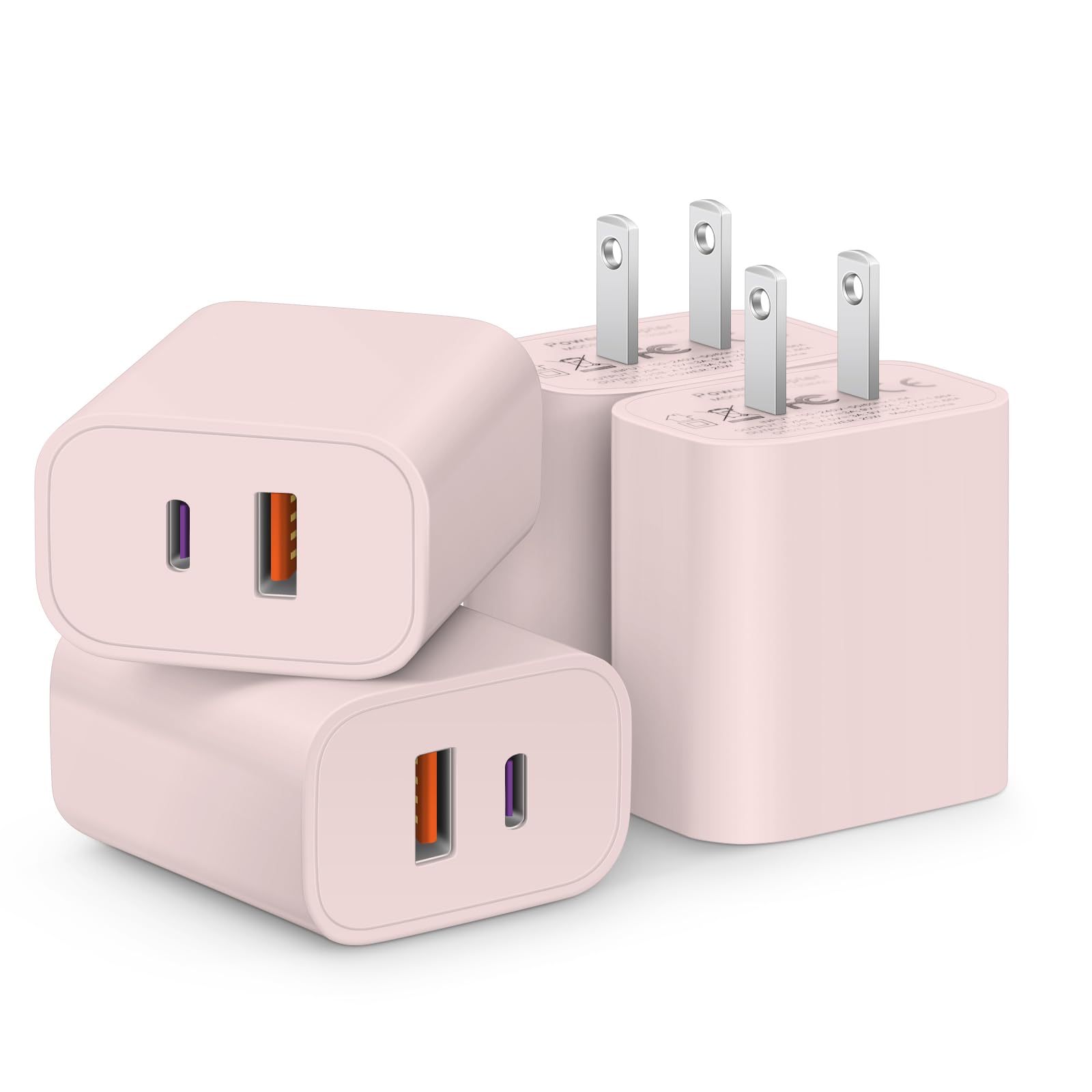 [4 Pack] USB C Charger Block Fast Charging Multiport Adpater [PD 20W USB-C & QC 3.0 USB-A Port] for iPhone 17/16/15/14/13/12/11/X/8, iPad, Galaxy, Google & More [Light Pink]