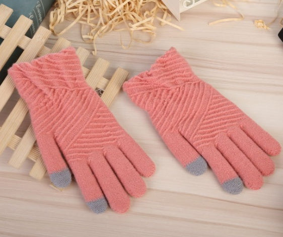 Women Winter Knit Touchscreen Gloves Warm Full Finger Striped Mittens