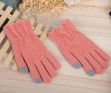 Women Winter Knit Touchscreen Gloves Warm Full Finger Striped Mittens
